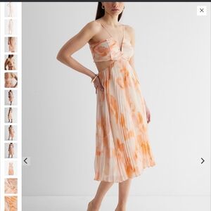 Floral V-Neck Pleated Cutout Midi Dress